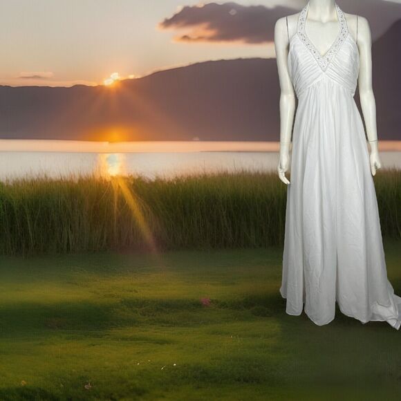 White Wedding Dress Sleeveless Halter Gown Embellished Bead Train V Neck Small 6 - Picture 2 of 6